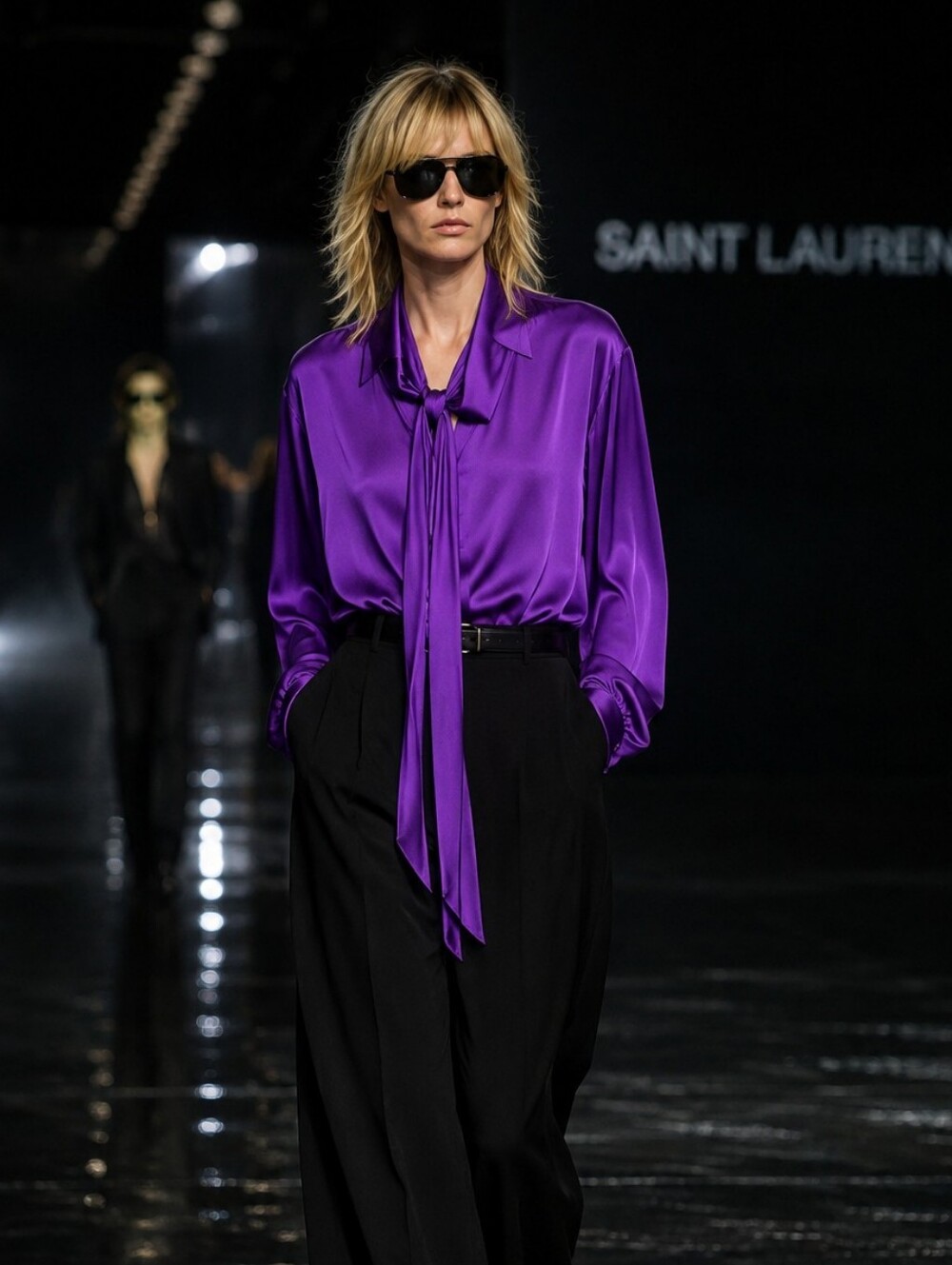 Vintage Saint Laurent Rive Gauche Front Bow Silk Blouse FR 34 Purple